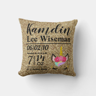 Personalised Birth Unicorn Gold Glitter Pillow