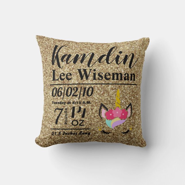 Personalised Birth Unicorn Gold Glitter Pillow (Front)