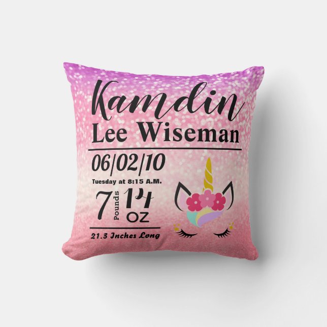 Personalised Birth Unicorn Ombre Glitter Pillow (Front)
