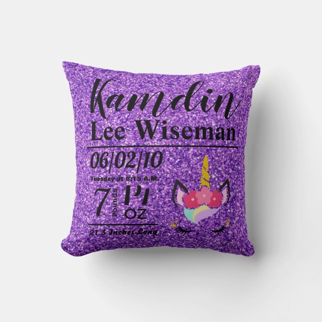 Personalised Birth Unicorn Purple Glitter Pillow (Front)