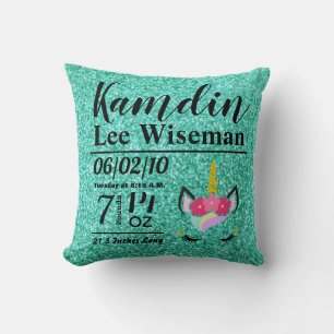 Personalised Birth Unicorn Teal Glitter Pillow