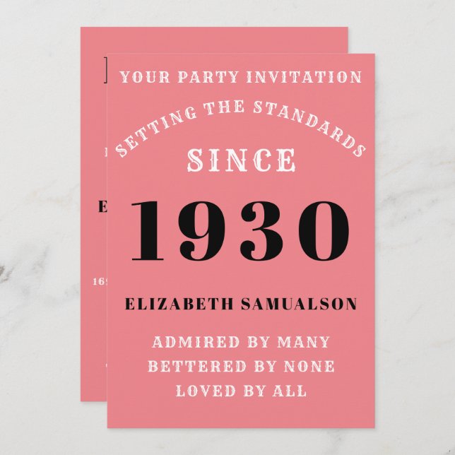 Personalised Birthday 1930  Add Name Pink Pretty Invitation (Front/Back)