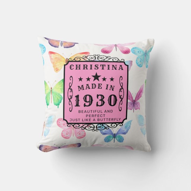Personalised Birthday 1930 Butterfly Add Name Pink Cushion (Front)