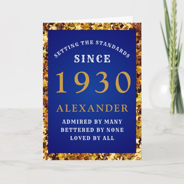 Personalised Birthday 1930 Chic Blue Gold Glitter Card (Front)