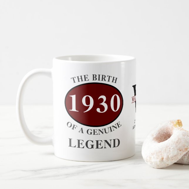 Personalised Birthday 1930 Monogram Legend Name Coffee Mug (With Donut)