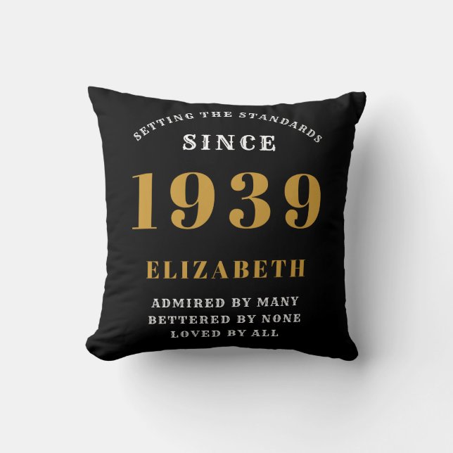 Personalised Birthday 1939 Black Gold White Chic Cushion (Front)