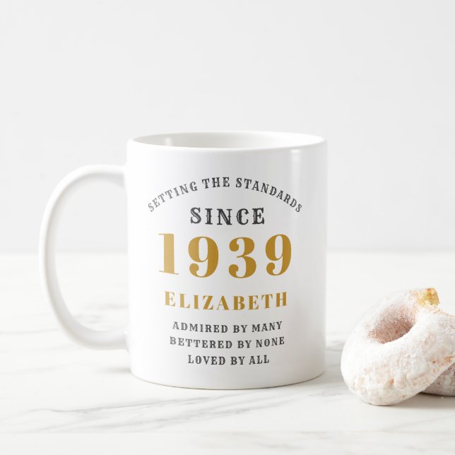 Personalised Birthday 1939 Elegant Name Gold Grey Coffee Mug (With Donut)
