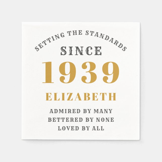 Personalised Birthday 1939 Gold Grey Elegant Chic Napkin (Front)