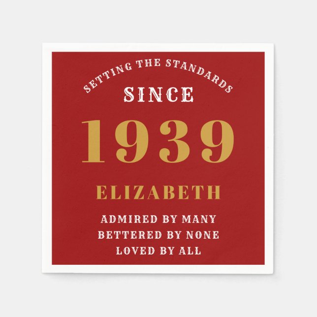 Personalised Birthday 1939 Red Gold Surprise Party Napkin (Front)