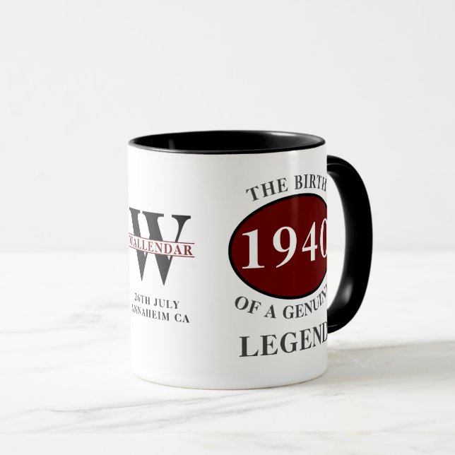 Personalised Birthday 1940 Monogram Legend Elegant Mug (Front Right)