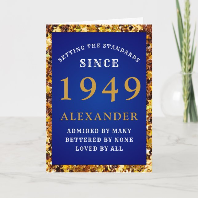 Personalised Birthday 1949 Chic Blue Gold Glitter Card (Front)