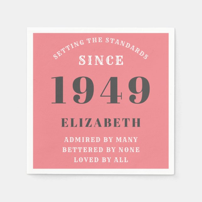 Personalised Birthday 1949 Pink Grey Elegant Chic Napkin (Front)
