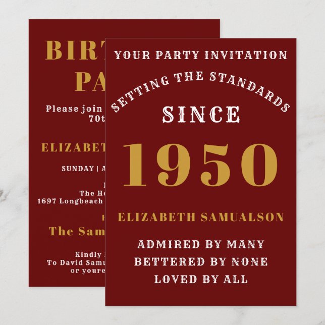 Personalised Birthday 1950  Elegant Chic Red Gold Invitation (Front/Back)