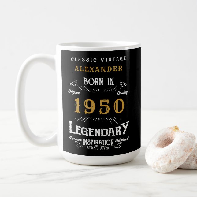 Personalised Birthday 1950 Legendary Black Gold Coffee Mug (With Donut)