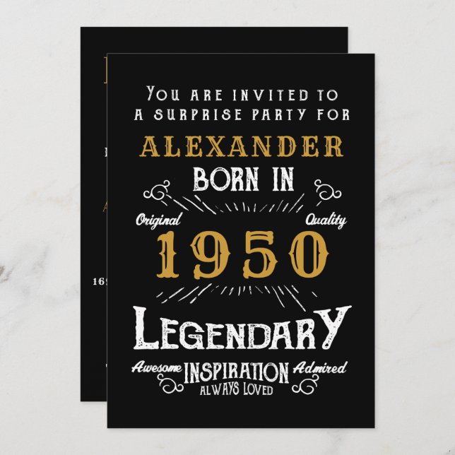 Personalised Birthday 1950Black Gold Retro Legend Invitation (Front/Back)
