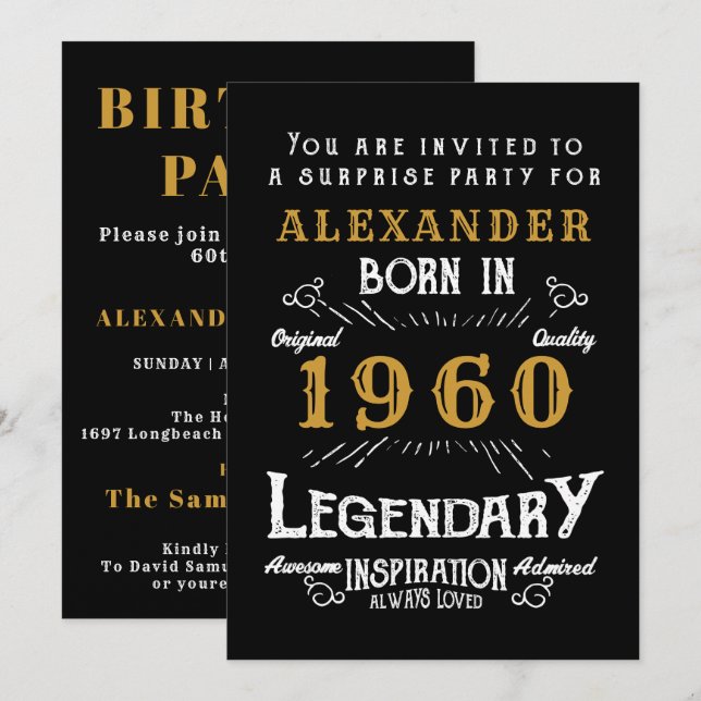 Personalised Birthday 1960 Black Gold Retro Chic Invitation (Front/Back)