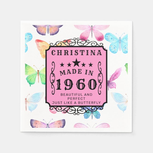 Personalised Birthday 1960 Butterfly Add Your Name Napkin (Front)