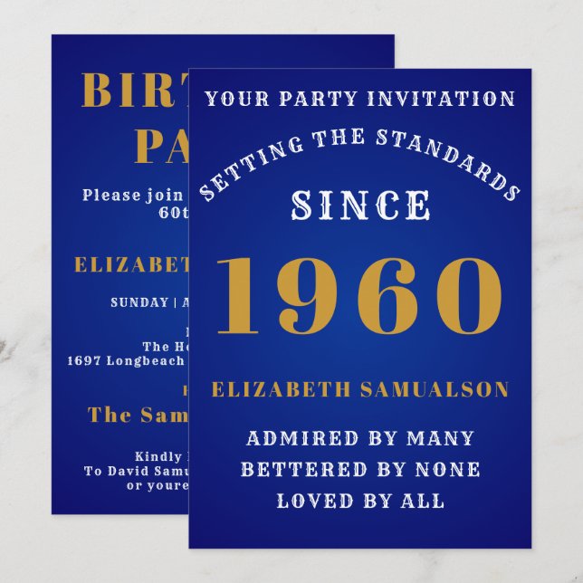 Personalised Birthday 1960 Love Add Your Name Blue Invitation (Front/Back)