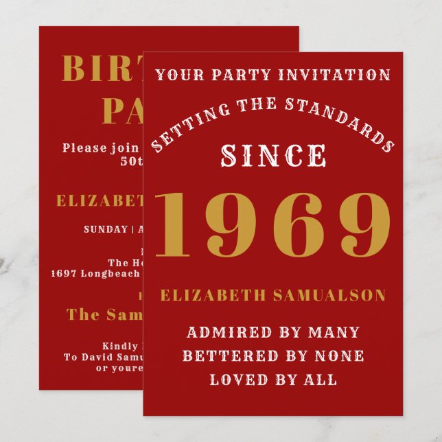 Personalised Birthday 1969  Create Your Own Red Invitation (Front/Back)