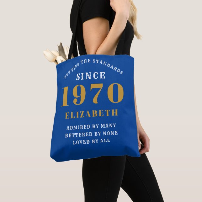 Personalised Birthday 1970 Add Your Name Blue Gold Tote Bag (Close Up)
