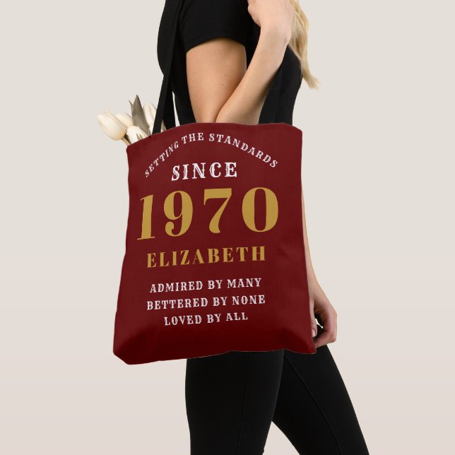 Personalised Birthday 1970 Add Your Name Burgundy Tote Bag (Close Up)