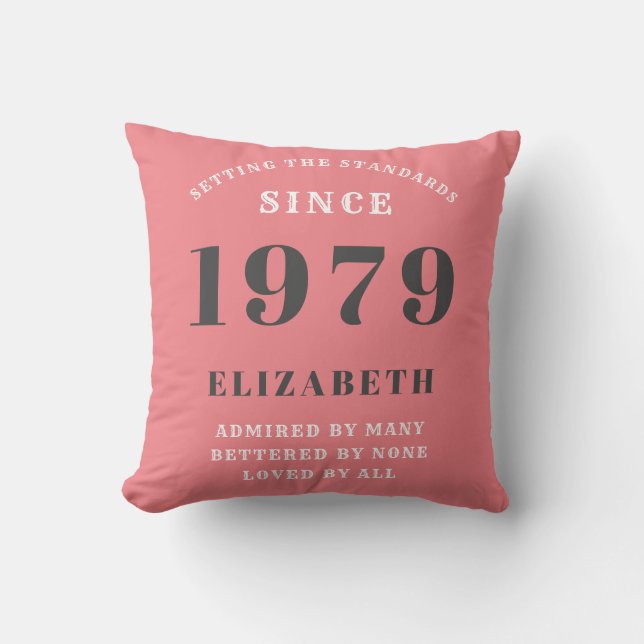 Personalised Birthday 1979 Cute Pink Grey White Cushion (Front)