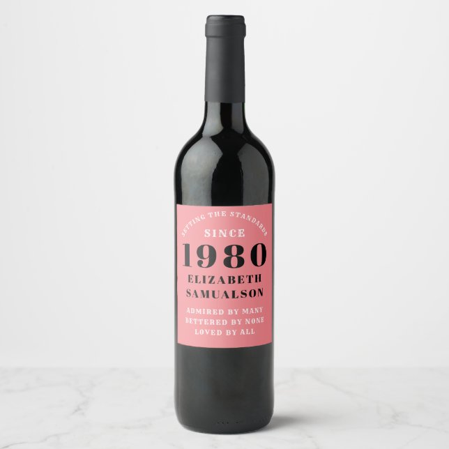 Personalised Birthday 1980 Pink Setting Standards Wine Label (Front)