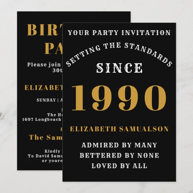 Personalised Birthday 1990 Add Your Name Black Invitation (Front/Back)