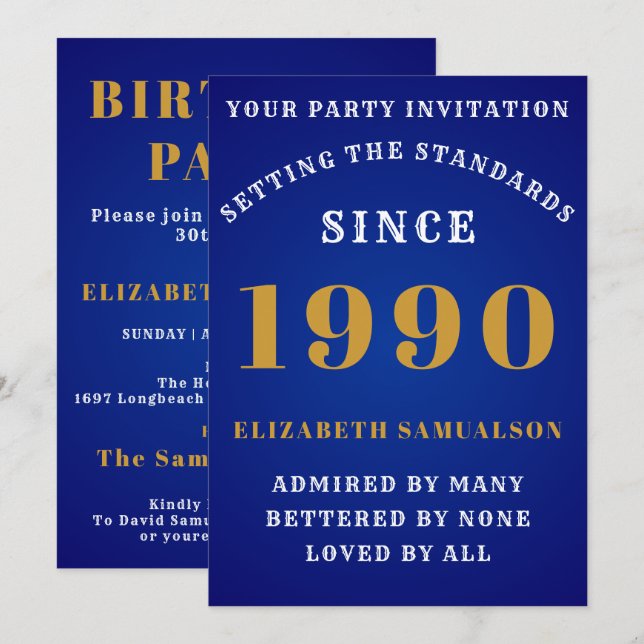 Personalised Birthday 1990 Add Your Name Blue Invitation (Front/Back)
