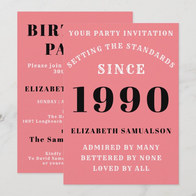 Personalised Birthday 1990 Add Your Name Pink Invitation (Front/Back)