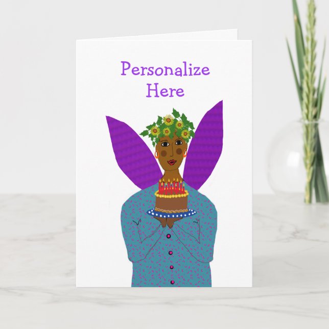 Personalised Birthday Angel of Colour Brings Cake  Thank You Card (Front)