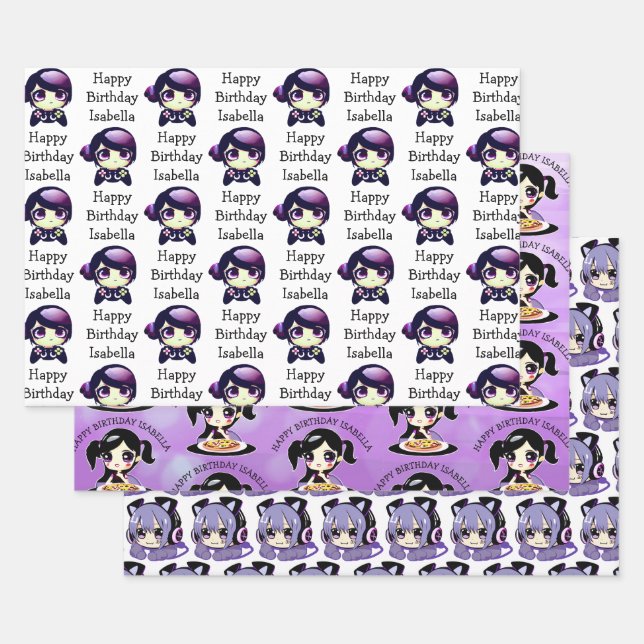 Personalised Birthday Anime Gaming and Pizza Party Wrapping Paper Sheet (Set)
