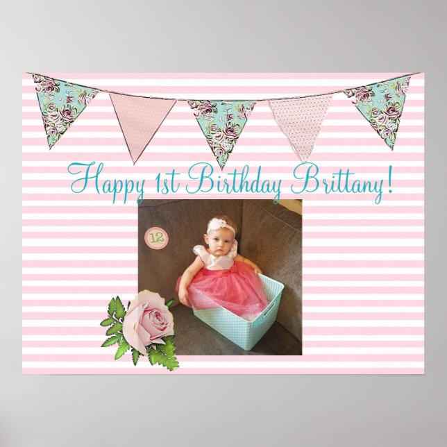 Personalised  Birthday Banner for1st Birthday Girl Poster (Front)