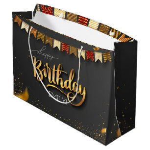 Personalised Birthday Black and gold Stripes Large Gift Bag
