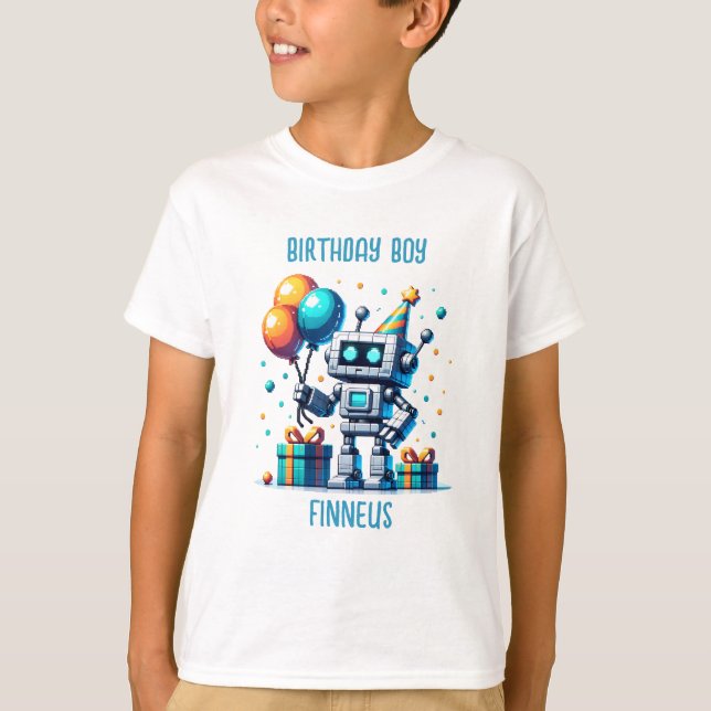 Personalised Birthday Boy Pixel Robot  T-Shirt (Front)