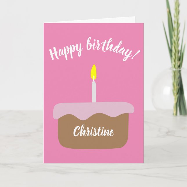 Personalised Birthday Cake w/ Lit Candle | Pink Card (Front)