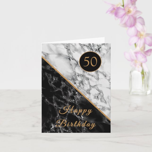 Personalised Birthday Card Black White Marble (Orchid)