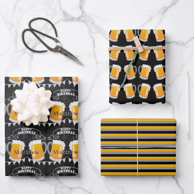Personalised Birthday Chalkboard Beer Glass Wrapping Paper Sheet (Front)
