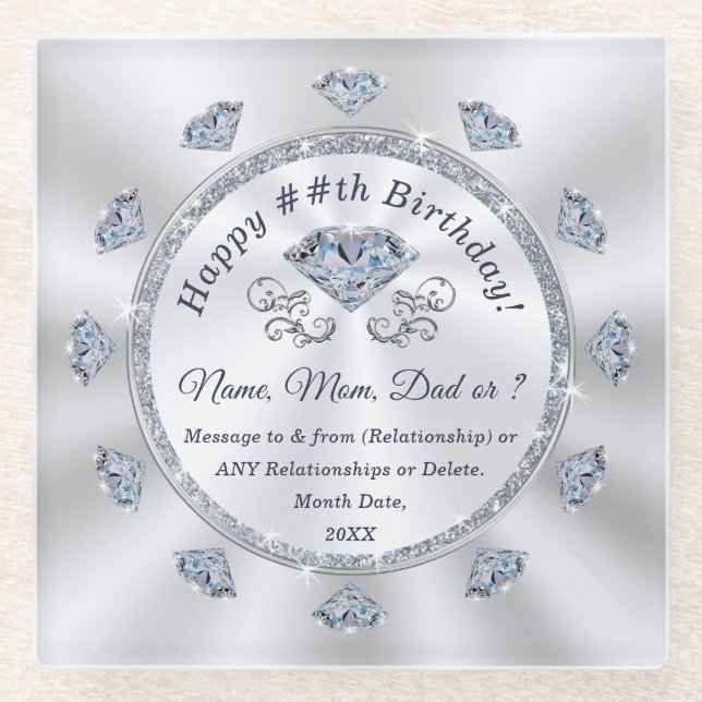 Personalised Birthday Coasters, Elegant Diamond Glass Coaster (Front)