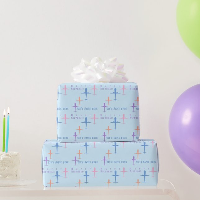 Personalised Birthday Colourful Aeroplanes Sky Blu Wrapping Paper (Party Gifts)