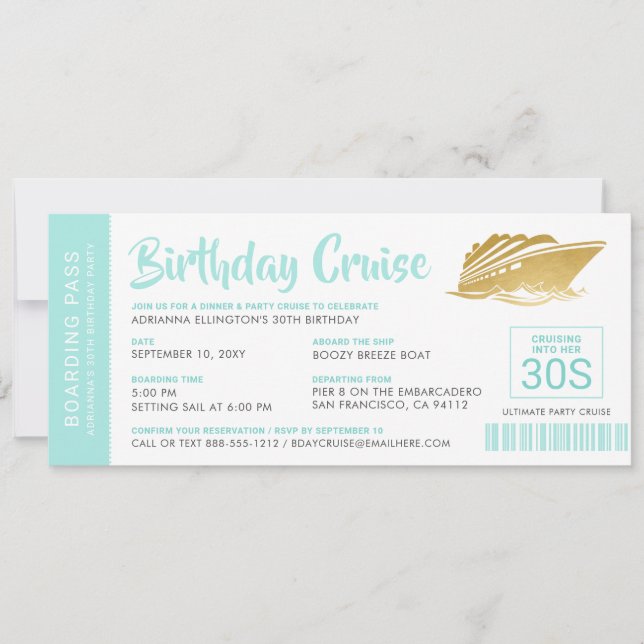 Personalised Birthday Cruise Boarding Pass Teal (Front)