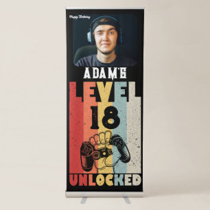 Personalised Birthday Gamer Vintage Level Unlocked Retractable Banner