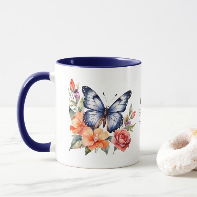 Personalised Birthday Gift Butterfly Floral Flower Mug (With Donut)