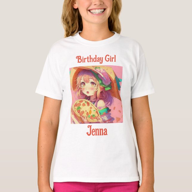 Personalised Birthday Girl | Anime Pizza Party T-Shirt (Front)