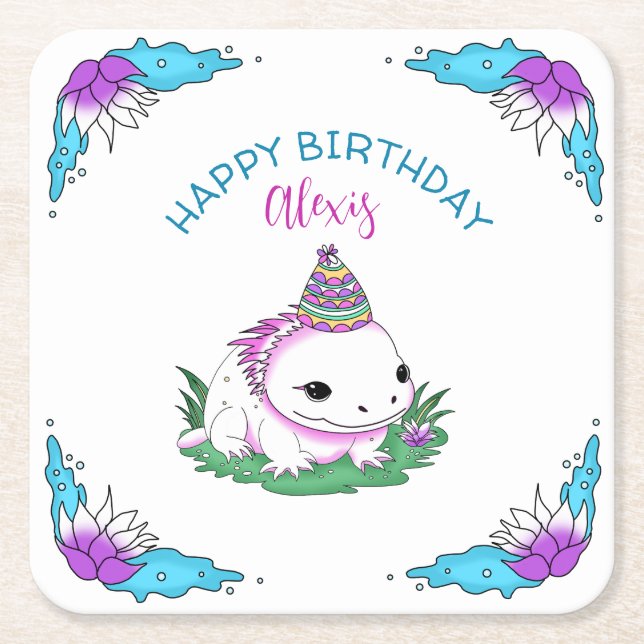 Personalised Birthday Girl Axolotl Themed Square Paper Coaster (Front)