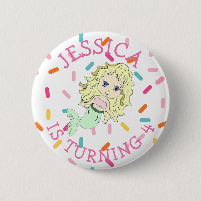 Personalised Birthday girl Pink Mermaid Button (Front)