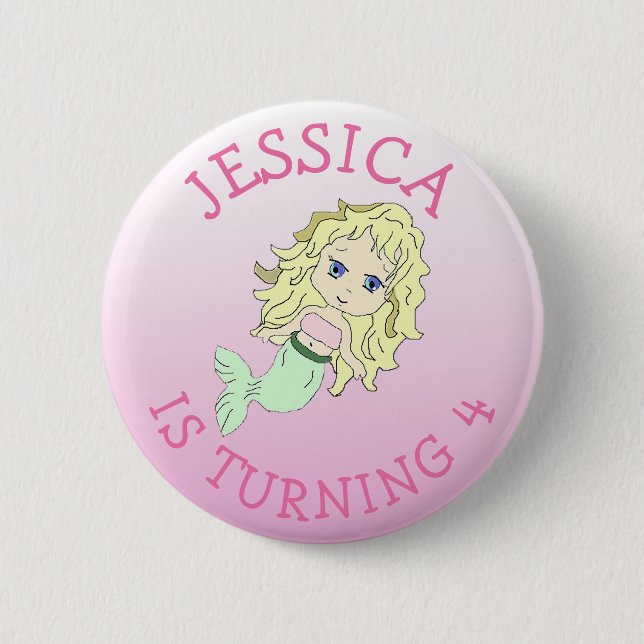 Personalised Birthday girl Pink Mermaid Button (Front)