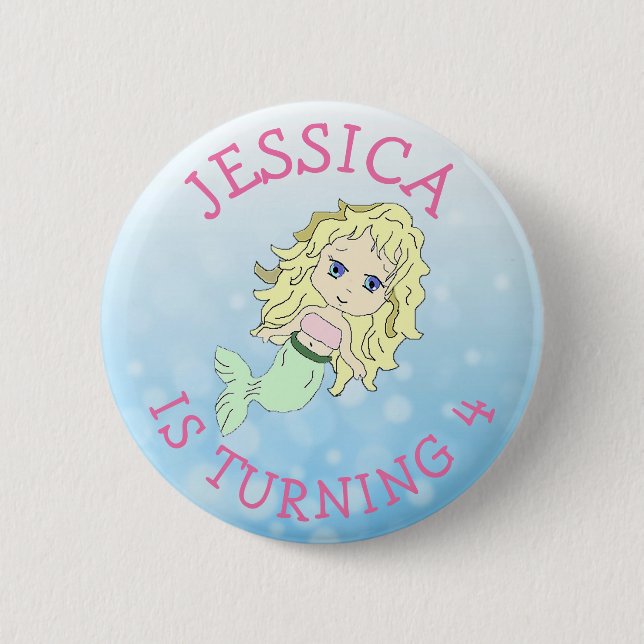 Personalised Birthday girl Pink Mermaid Button (Front)