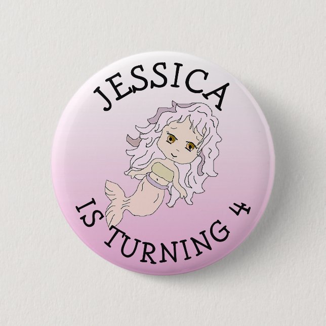 Personalised Birthday girl Pink Mermaid Button (Front)