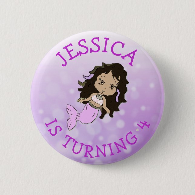 Personalised Birthday girl Purple Mermaid Button (Front)